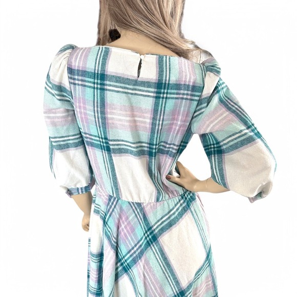 80s Teal & Lilac Plaid Wool Dress | Puff Sleeve Cottagecore Pastel Aesthetic | S - Picture 6 of 8